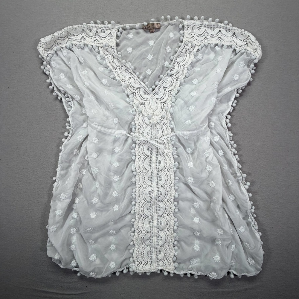 C&T Beach Swim Cover‎ Up Women Small Good White Crochet Lace Pom Pom Boho